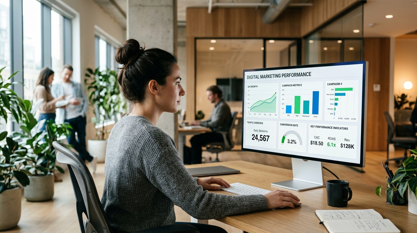 Data visualizations on a large office monitor